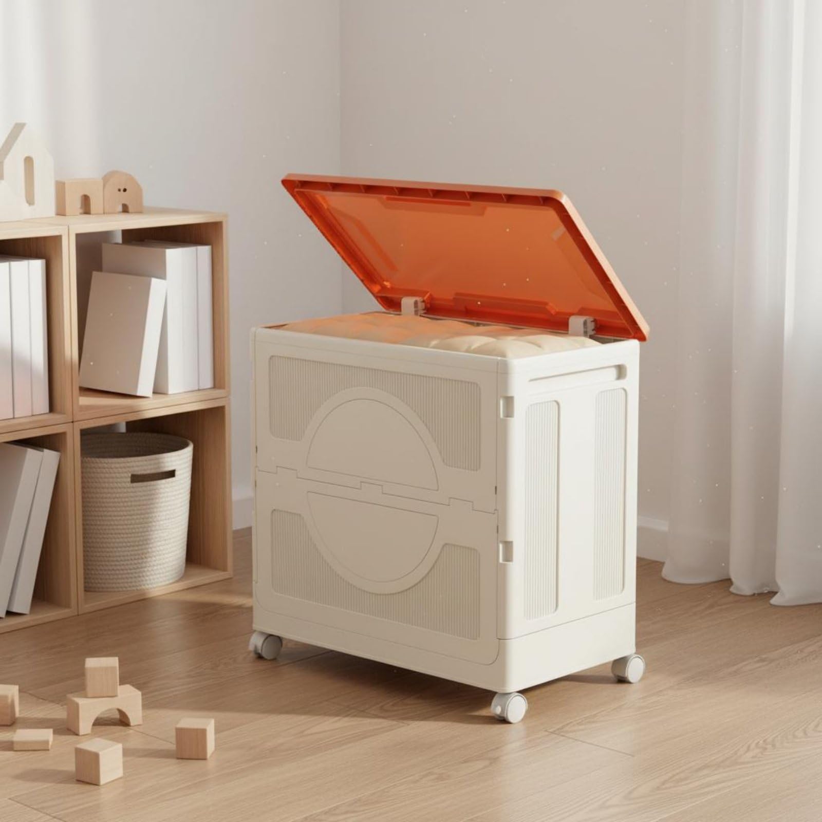 Contenedor de Almacenamiento Infantil Baúl Organizador Caja de Juguetes Plegable con Tapa Abatible Acceso Rápido Ruedas Incorporadas Polipropileno, Naranja Sólido