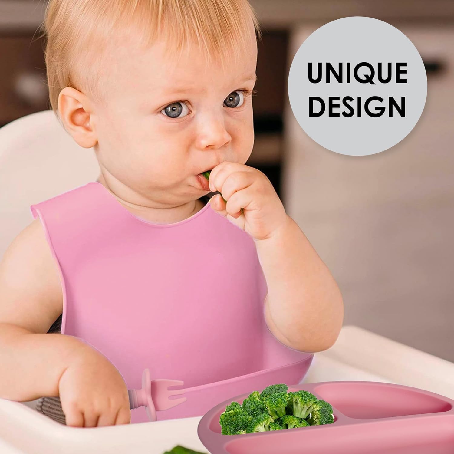 QLECT BPA Free Silicone Baby Feeding Set,Baby Led Weaning Supplies,Eating Essentials Utensils with Suction Plate & Bowl   ,Pocket Bib,Sippy Cup with Lid,Forks Spoons for Baby&Toddler 6+ Months,Pink - Image 7 thumbnail