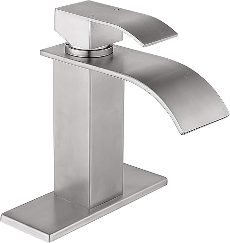 Ntipox Grifo de baño con boquilla de cascada de níquel cepillado, grifo de lavabo de lavabo de una sola manija, grifo mezclador de lavabo de RV