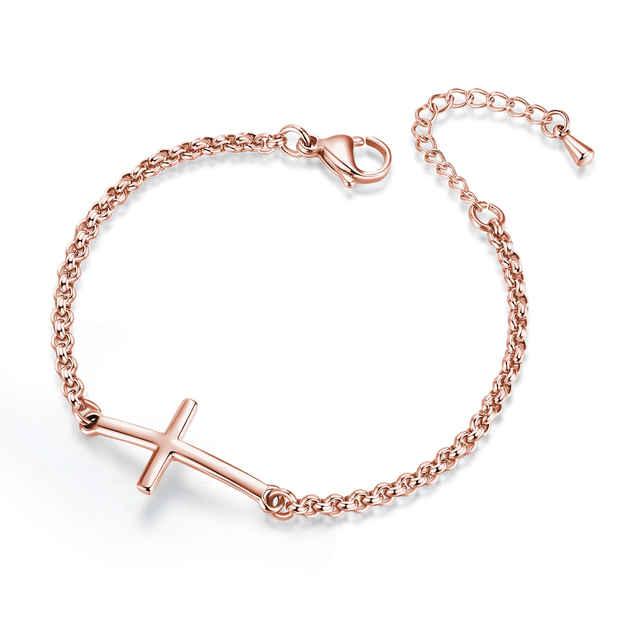 mnmoom Sideways Cross Bracelet for Women, 14K Gold Plated Adjustable Rolo Chain, Religious Faith Jewelry Gift for Baptism Confirmation