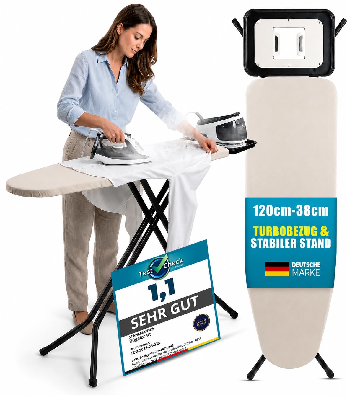 STAHLMANN® Bügelbrett für Dampfbügelstation [120 × 38 cm] Made in Europe | 100 % Baumwolle Turbobezug | höhenverstellbar | Bügeleisenablage | platzsparend klappbar