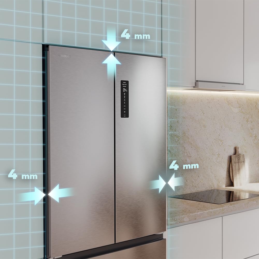 Cecotec Frigorífico Puerta Francesa de 4 Puertas Semi-Integrable Total No Frost Bolero CoolMarket F2D 458 SBI Inox E, 458 Litros, Alto 189 cm y 83 cm Ancho, MetalFlexCooling, Compresor Inverter
