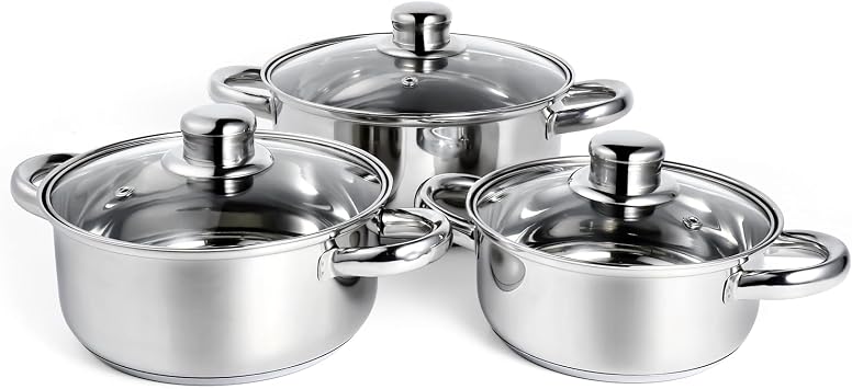 6-Piece Cookware Set, Stainless Steel Cookware Pot with 3 Tempered Glass Lids,Stay-Cool Handle, Non-Stick Saucepans Easy to Wash, Dishwasher/Oven Safe, Compatible w/Induction/Electric/Gas Cooktops
