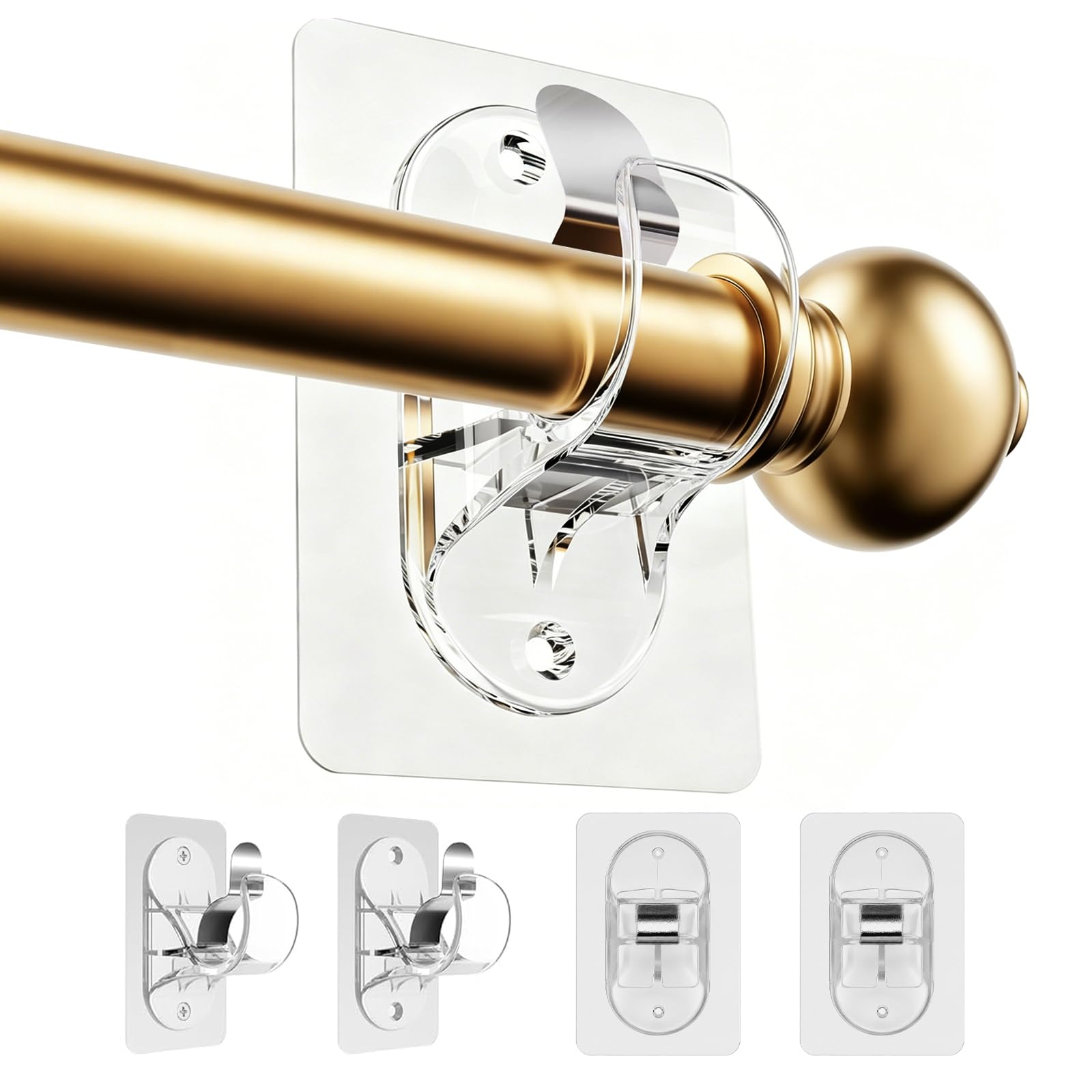 Wosyoodo Transparent Self-Adhesive No Drill Curtain Pole Brackets, 4Pack Curtain Pole Brackets Holds, up to 20 lbs, for Curtain Rods & Towel Rails (1.5-3.3cm Diameter), Invisible Strong Hold