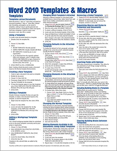 Microsoft Word 2010 Templates & Macros Quick Reference Guide (Cheat Sheet of Instructions, Tips & Shortcuts - Laminated Card) Pamphlet โ April 15, 2010