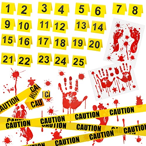28 Pcs Halloween Crime Scene Decorations, Includes Yellow Caution Tape 25 Evidence Markers 2 Halloween Window Clings Bloody Handprint Footprint Scary Halloween Decoration for Halloween Party Supplies