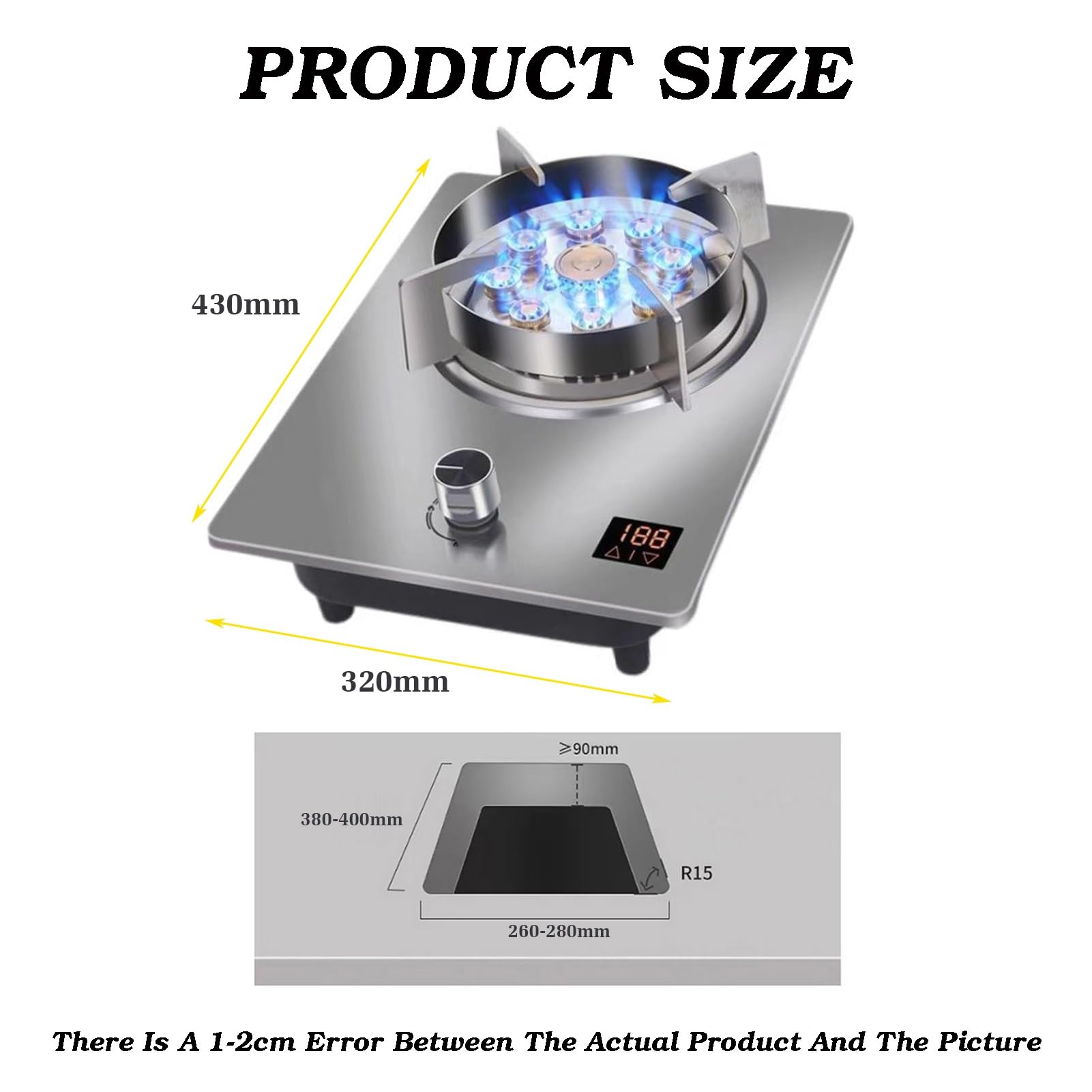 Estufa de gas de acero inoxidable de 7,2 KW, 1 quemador con protección contra llamas y temporizador, apta para GN/GLP