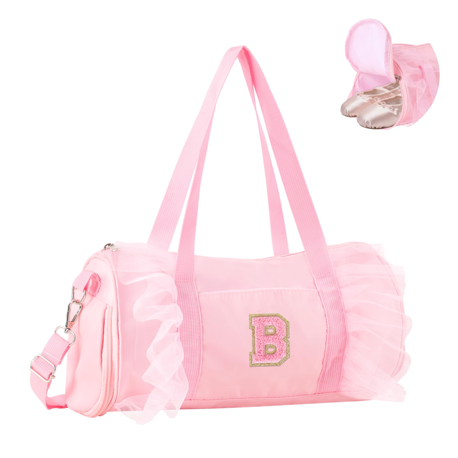 Personalized Initial Dance Bag for Girls 4-6, Small Lace Gym Sport Yoga Cheer Dance Bags Gift for Teen Girls, Cute Letter Kids Ballet Bag Toddler Travel Duffel Tote with Adjustable Straps(Pink-B)