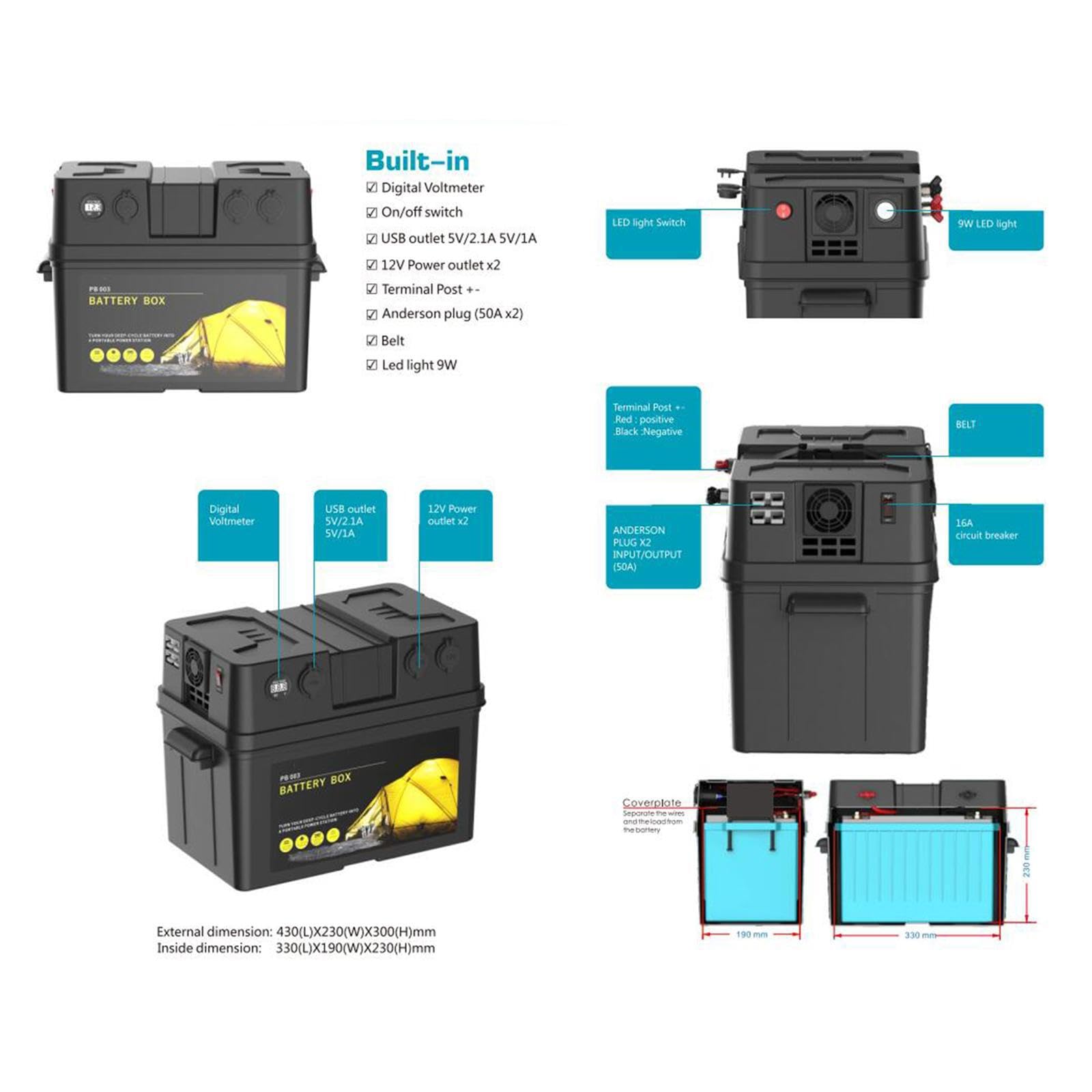 Scatola per batteria portatile durevole, centro di alimentazione | multifunzionale, efficiente Per sistema di accumulo di energia per camper, vassoi per attrezzature da esterno, scatola per