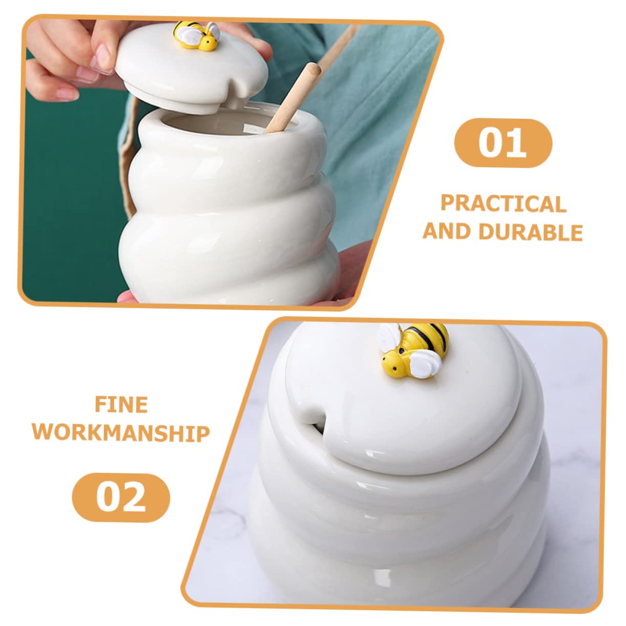 STOBAZA Honey Pot with Honey Dier 415ml Lidded Honey Jar Ceramic Honey Storage Container