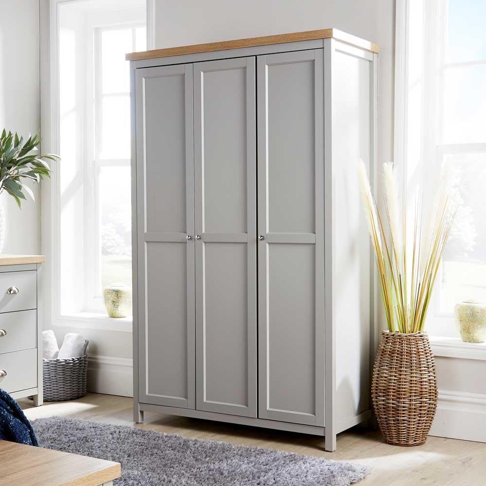 Home Source 3 Door Wardrobe, Wooden Hanging Rail Storage Shelves, Oak Effect, Grey