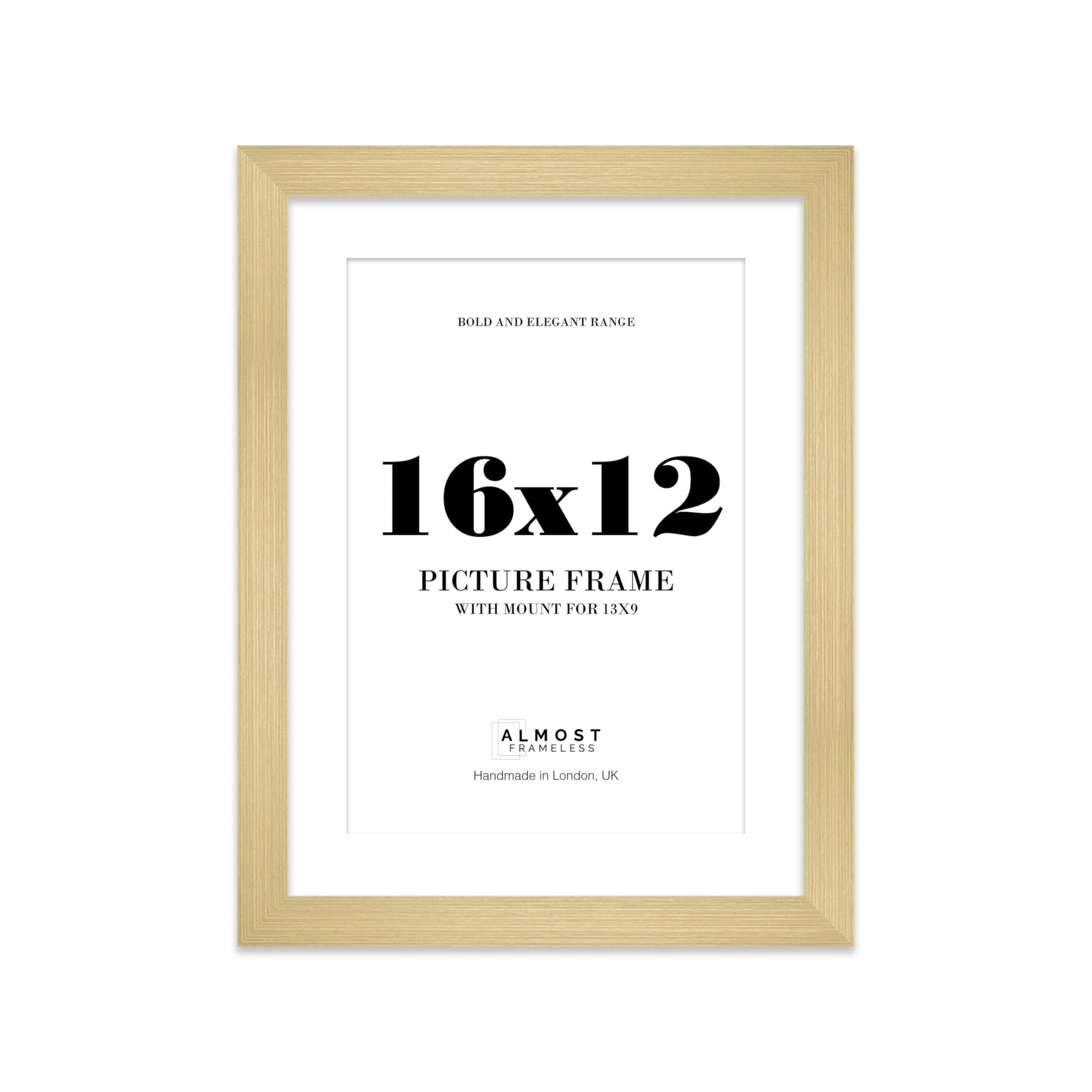 16x12 Gold Frame With Mount for 13x9 Pictures 28mm Edge Portrait and Landscape Display with Wall Hooks, 1 Pack