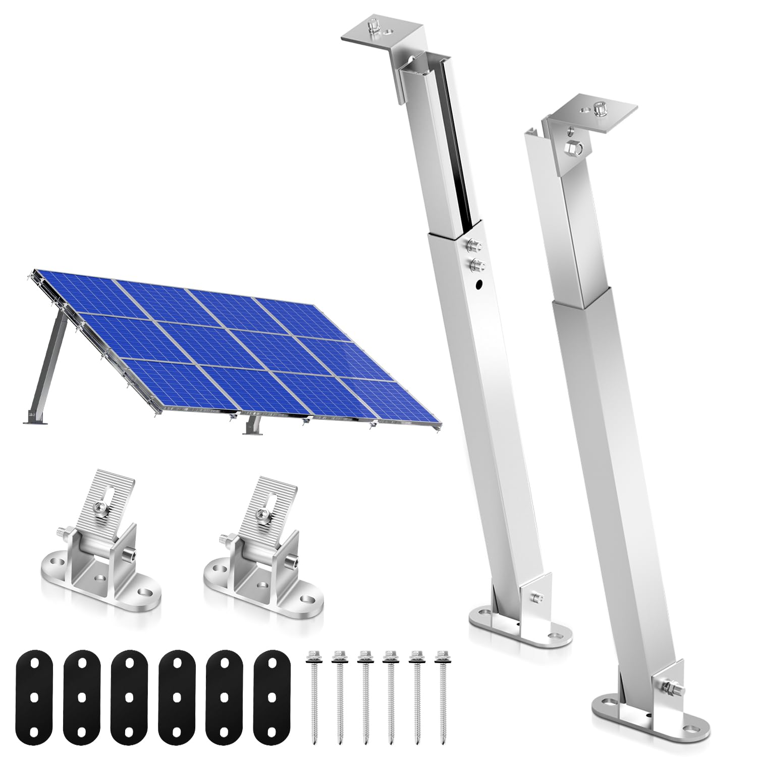 Eulenke Uchwyt do modułu solarnego (1 para), wspornik modułów solarnych 0°-60°, aluminiowy panel słoneczny, uchwyt płaski dach 38 cm - 68 cm, regulowany, zestaw montażowy do elektrowni balkonowej,