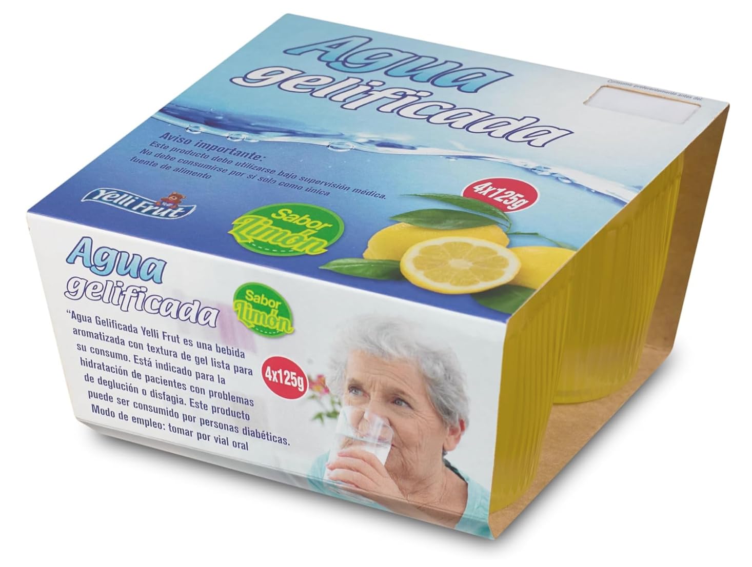 Agua gelificada. Espesante para disfagia. 3 Sabores en tarrina 125 gramos. Pack de 6x4 = 24 tarrinas. Agua gelificada disfagia sabores. Aguas gelificadas para hidratar con plena seguridad. (24, Limón)