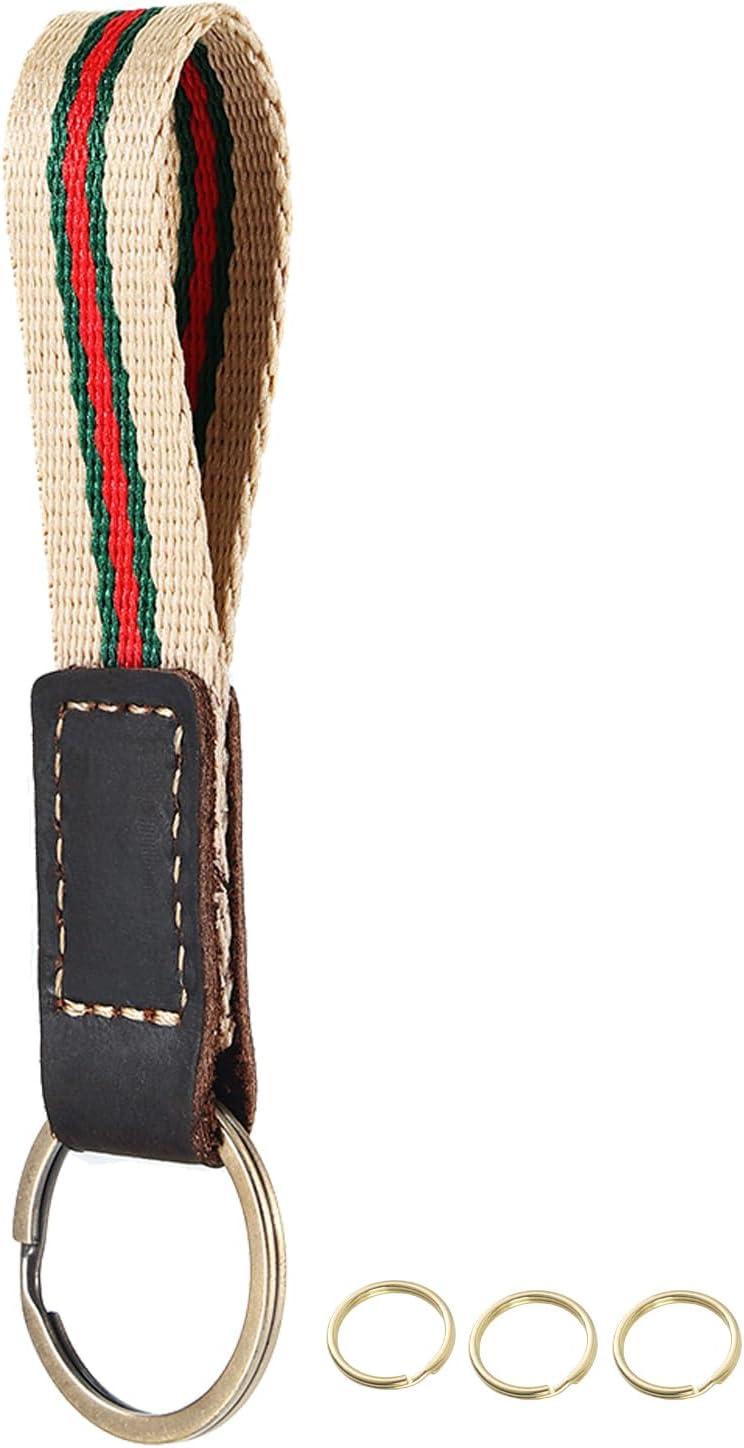 UpLook Nylon & Leather Striped Lanyard Keychain with 3 Key Rings and Car Key Holder