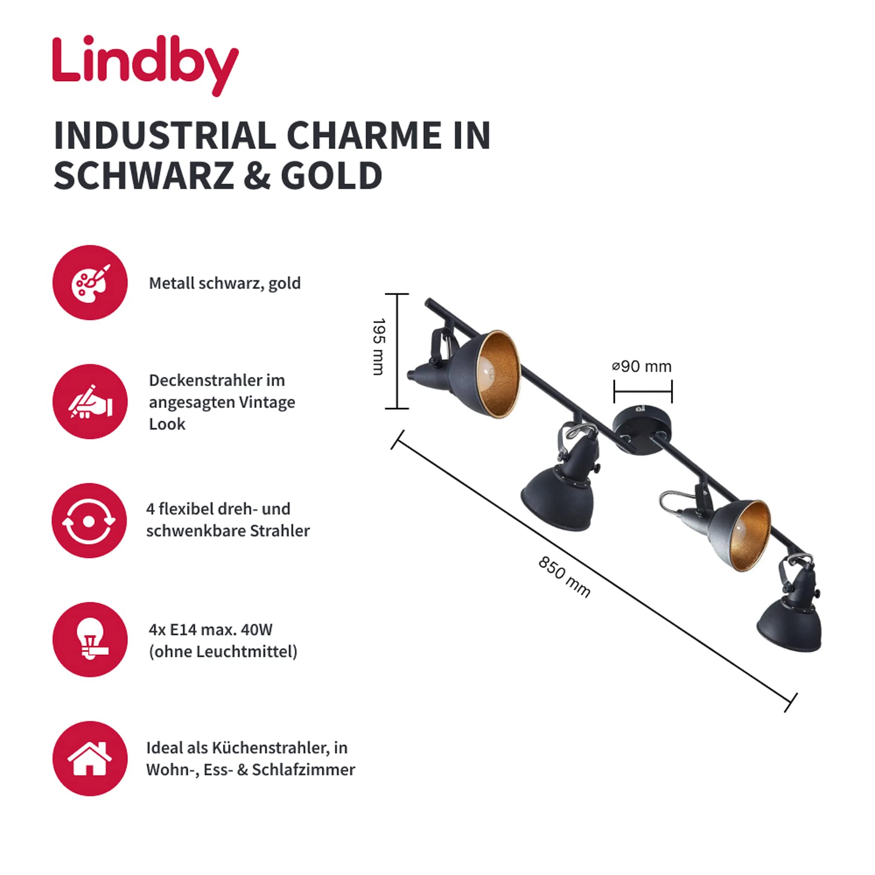 Lindby Deckenlampe Schwarz Gold, Deckenstrahler Metall schwenkbar & drehbar 4 x E14 max. 40W ohne Leuchtmittel Deckenleuchte Deckenspot