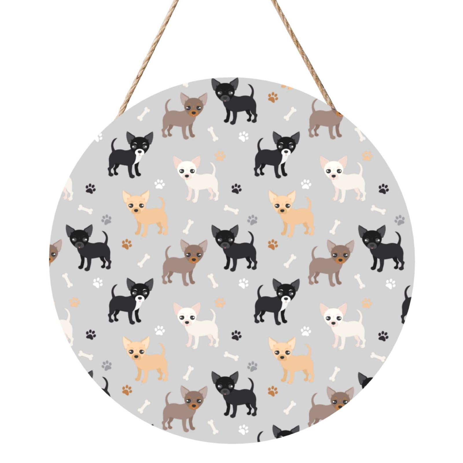 InOmak Chihuahua Paws And Bones, Round Wood Panel Painting 12 in, Wall Hanging Painting For Home