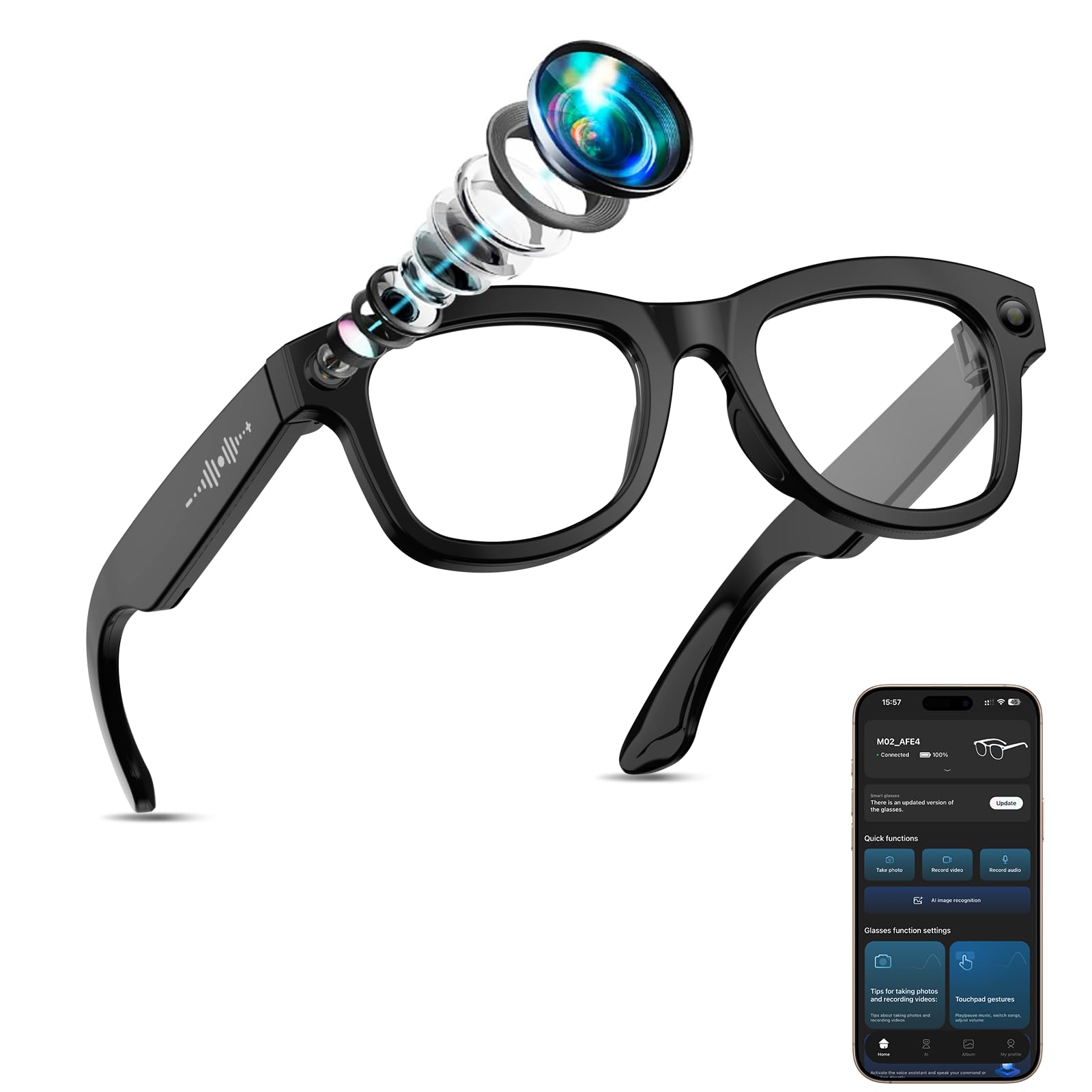 AI Smart Glasses with Camera Stabilization - 8MP POV Video Recording Real-Time AI Translation Smart Assistant Dual-Mic Noise