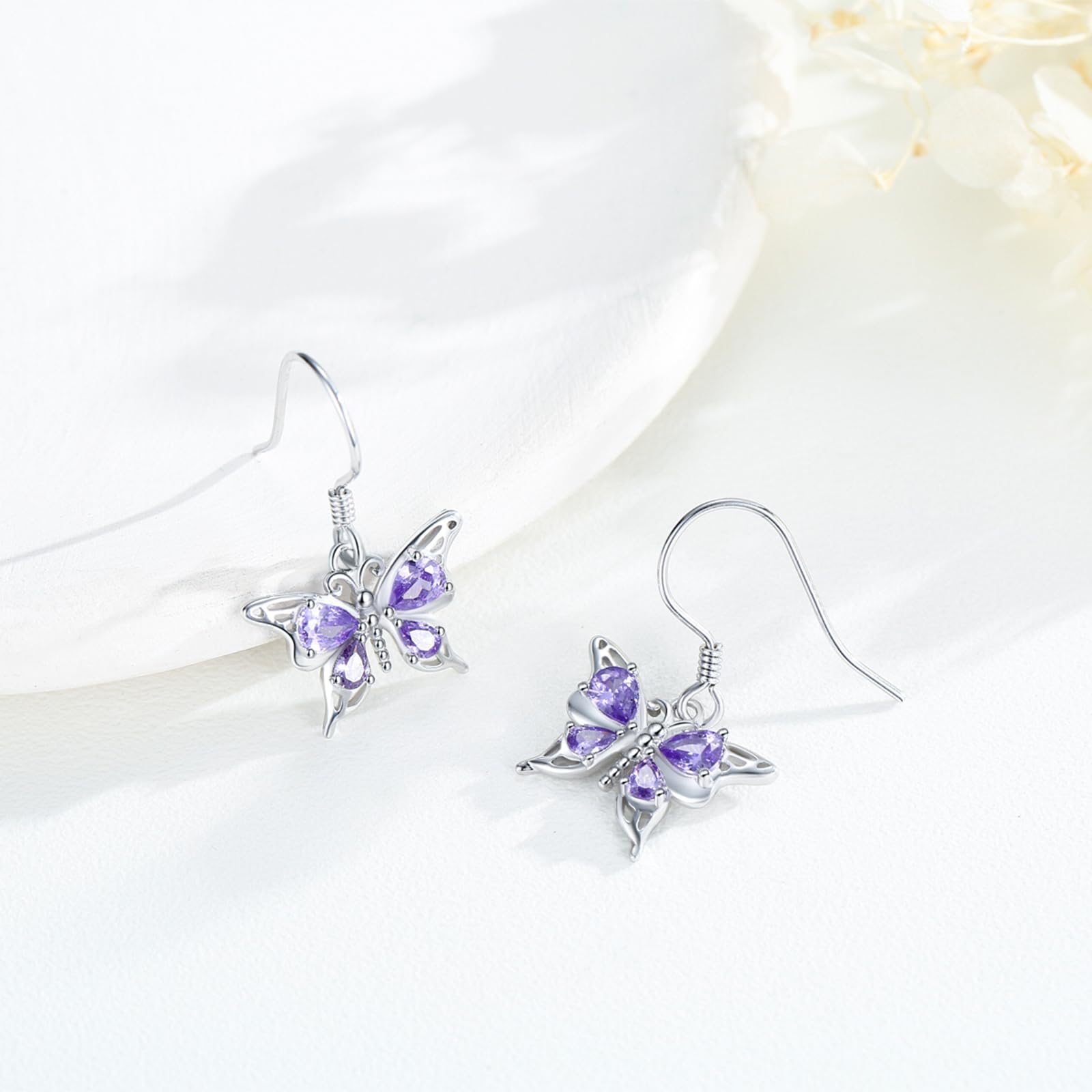 KINGWHYTE Pendientes de mariposa para mujer, plata de ley 925, cristal morado, joyería de mariposa, regalo de cumpleaños para mujeres, niñas, mamá e hija, Plata de ley Plata, Crystal