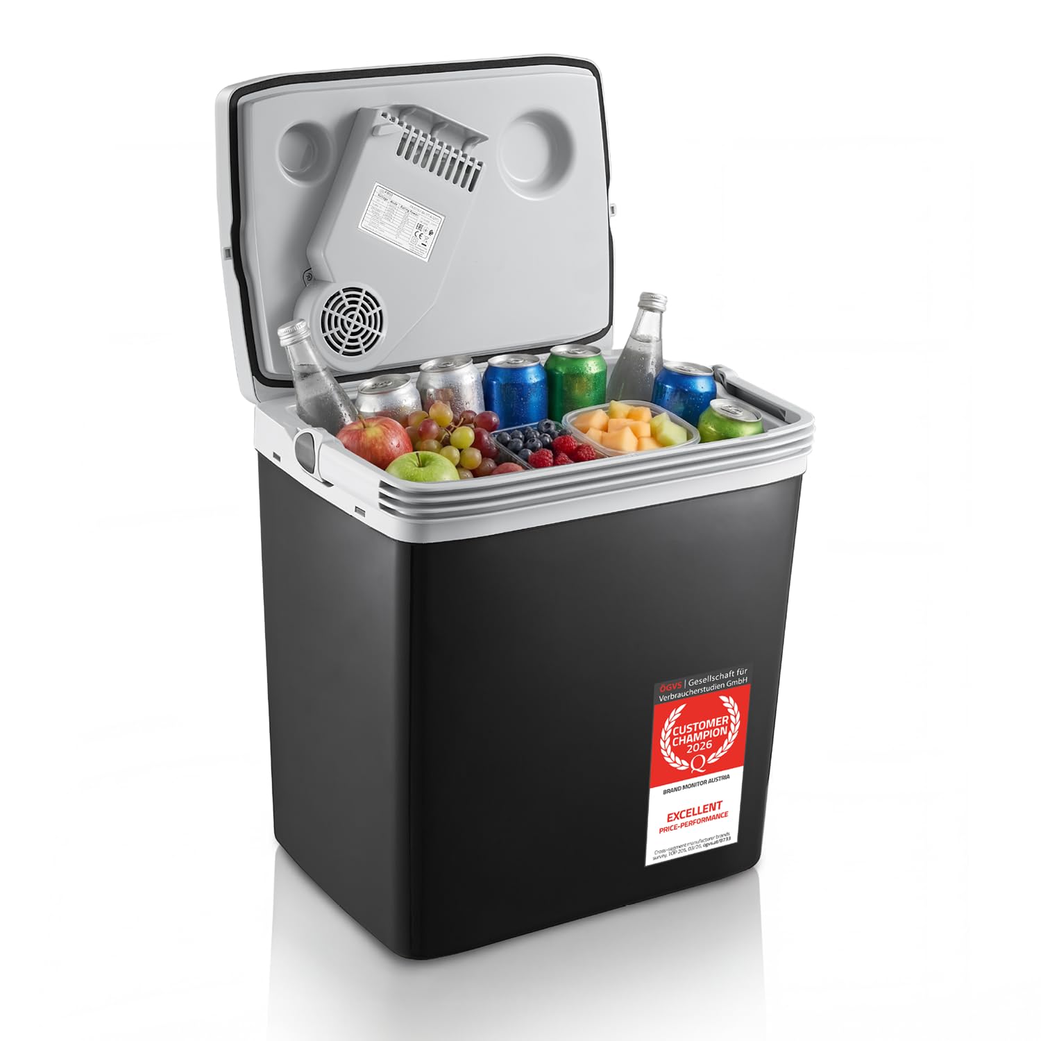 TZS First Austria - Frigo Portatile Elettrico 32L - Tripla Alimentazione con USB-C PD 3.0 - Raffreddamento e Riscaldamento - 12V/230V/USB-C - Minibar - Nero/Grigio