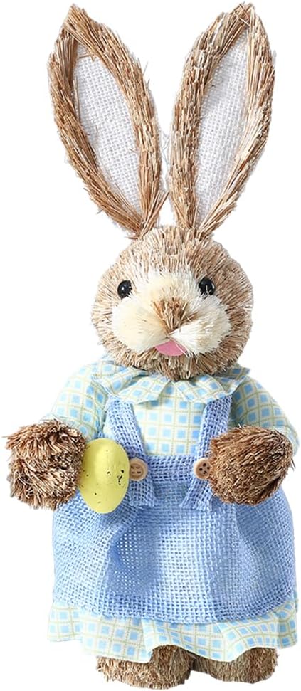GIHOOEaster Straw Rabbit Decoration,13inch Easter Handmade Standing Bunny with Egg,Easter Rabbits Tabletop Statues for Indoor Outdoor Farmhouse Spring Easter Party Decor(C-Style)
