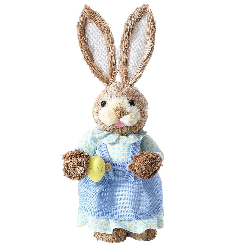 GIHOOEaster Straw Rabbit Decoration,13inch Easter Handmade Standing Bunny with Egg,Easter Rabbits Tabletop Statues for Indoor Outdoor Farmhouse Spring Easter Party Decor(C-Style)