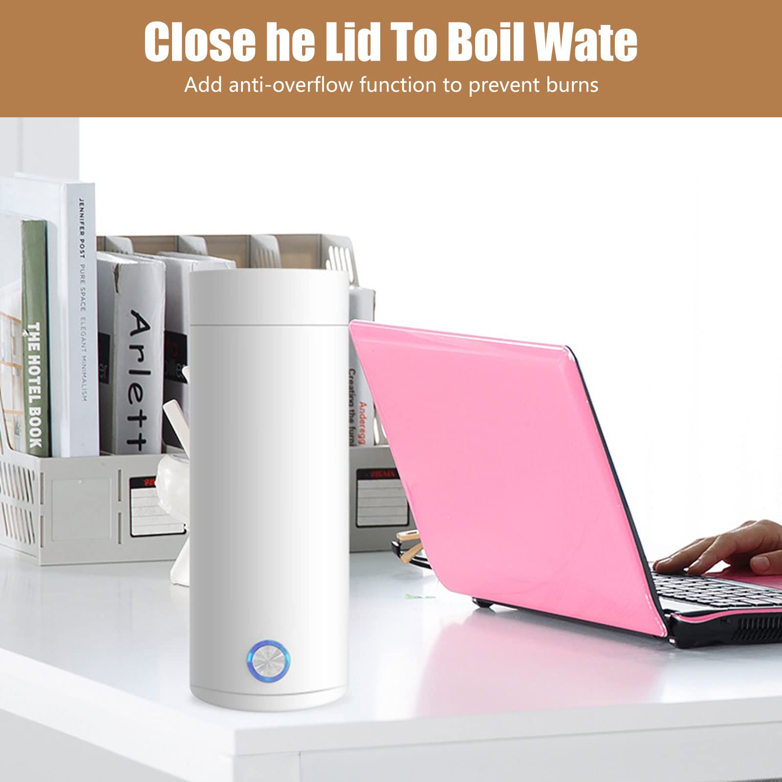 mumisuto Kleine waterkoker, 400 ml, draagbare elektrische waterkoker, reiswaterkoker, elektrisch met reinigingsborstel, automatische uitschakeling, voor werk, reizen, kamperen of voor dagelijks gebruik (wit