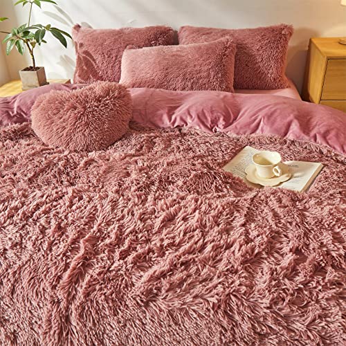 Cute Shaggy Plush Comforter Cover Set,Ultra Soft Faux Fur Duvet Cover Bedding Sets Queen 3 Pieces With Pillow Cases, Fluffy Bed Sets Zipper Closure (Old Pink, Queen) #TOP2