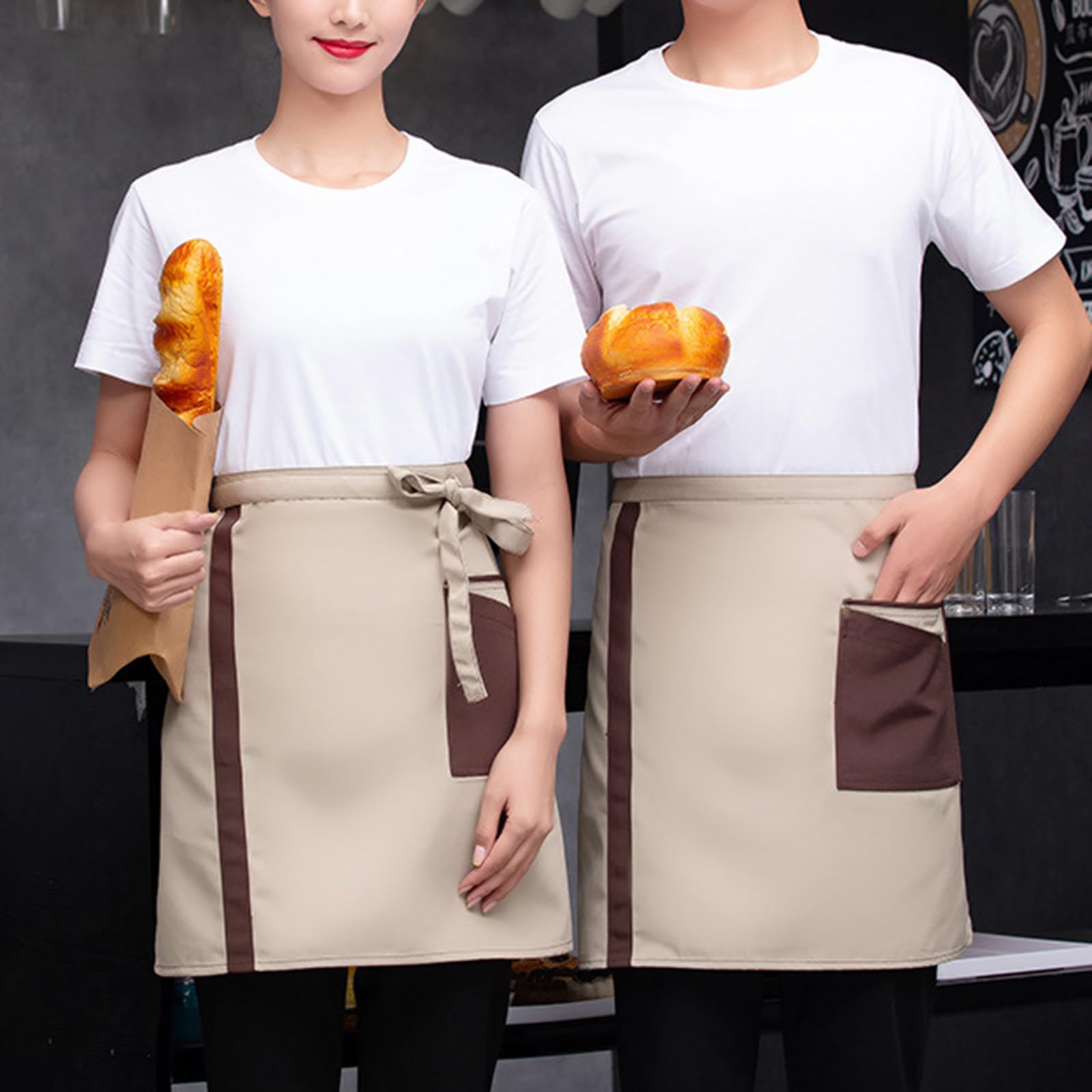 2 Pièces Demi Tabliers avec Poche Imperméable Tablier De Cuisine Court Unisex pour Chef Serveuse Restaurant Maison Café Beige,One Size