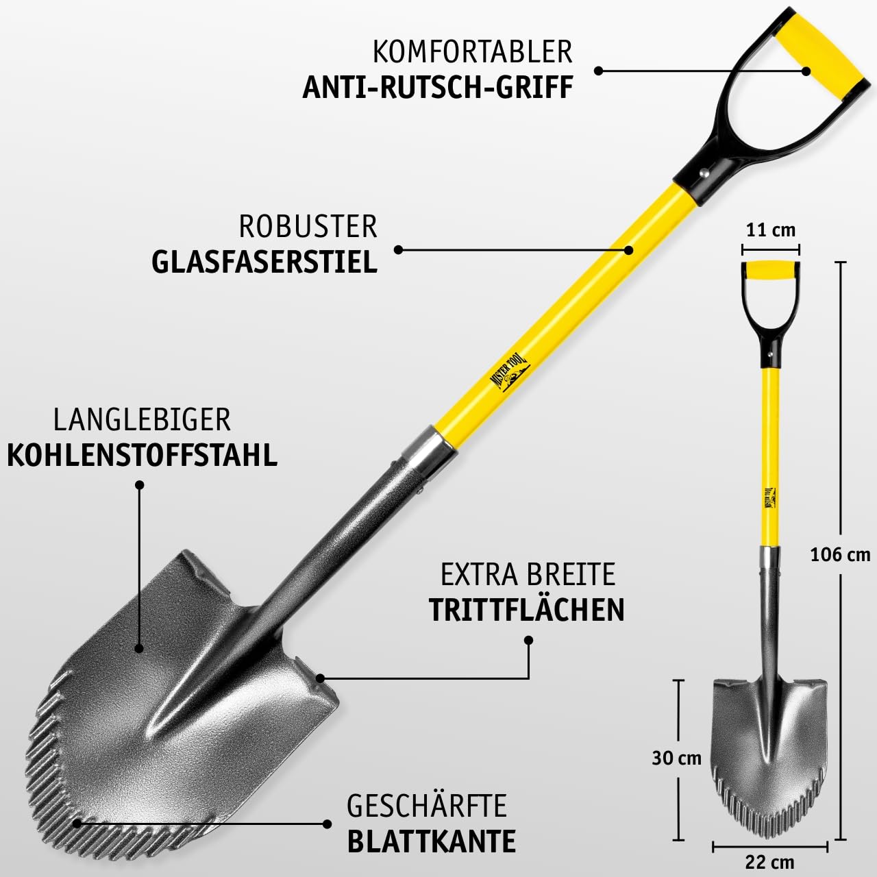 MISTER TOOL 3-TLG. Spezialspaten-Set - Kombi-, Drainage- & Wurzelspaten - Glasfaserstiel, Rutschfester Griff, langlebiger Kohlenstoffstahl - Ideal für Garten- und Landschaftsbauarbeiten