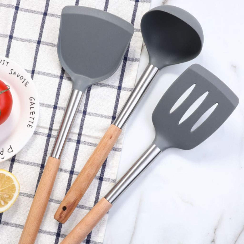 Küchenutensilien-Set, Küchengeschirr, Pfannenwender, Löffel-Set, Holzgriff, Kochgeschirr, Silikon, Edelstahl, Silikon, Kochschaufel, Löffel, komplettes Set an Küchenzubehör