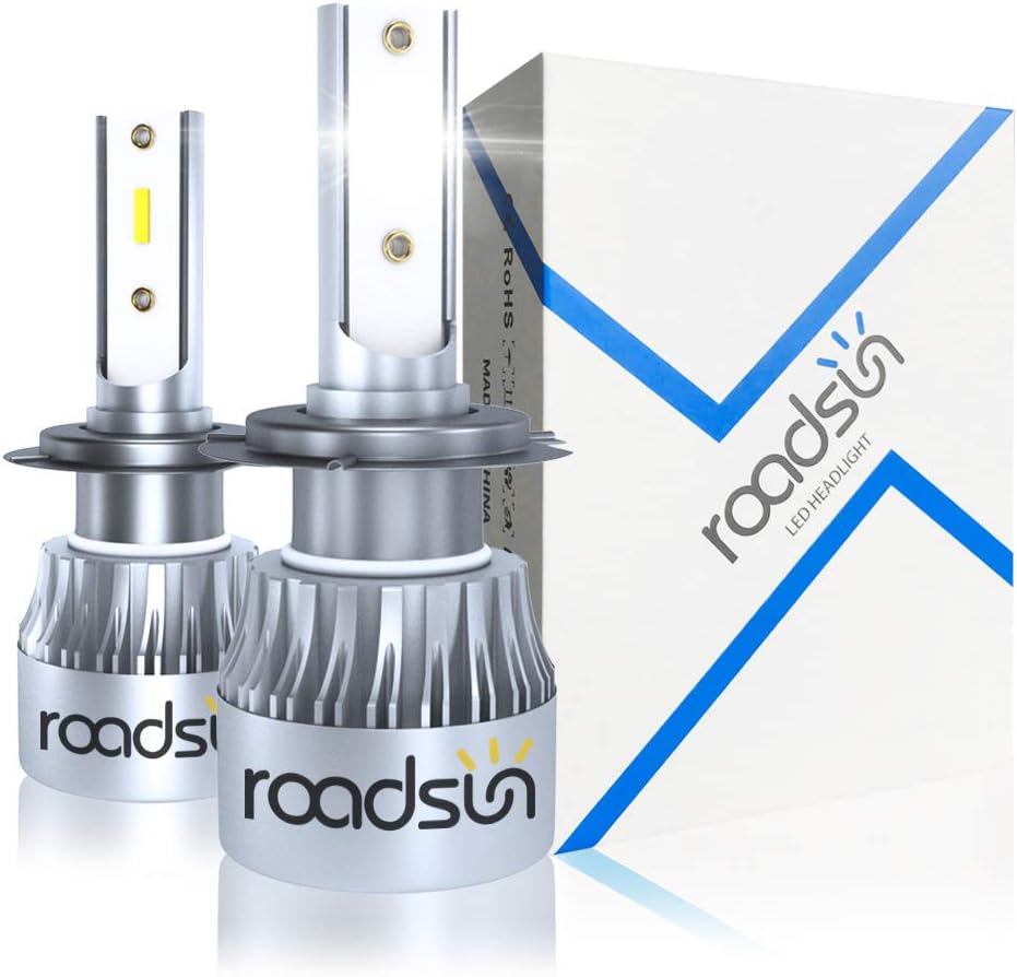 ROADSUN H7 LED Headlight Bulb 6000K 60W 10000LM Extremely Bright White Light CSP 1860 Chip Car Led Headlamp H7 Conversion Kit Waterproof Pack of 2