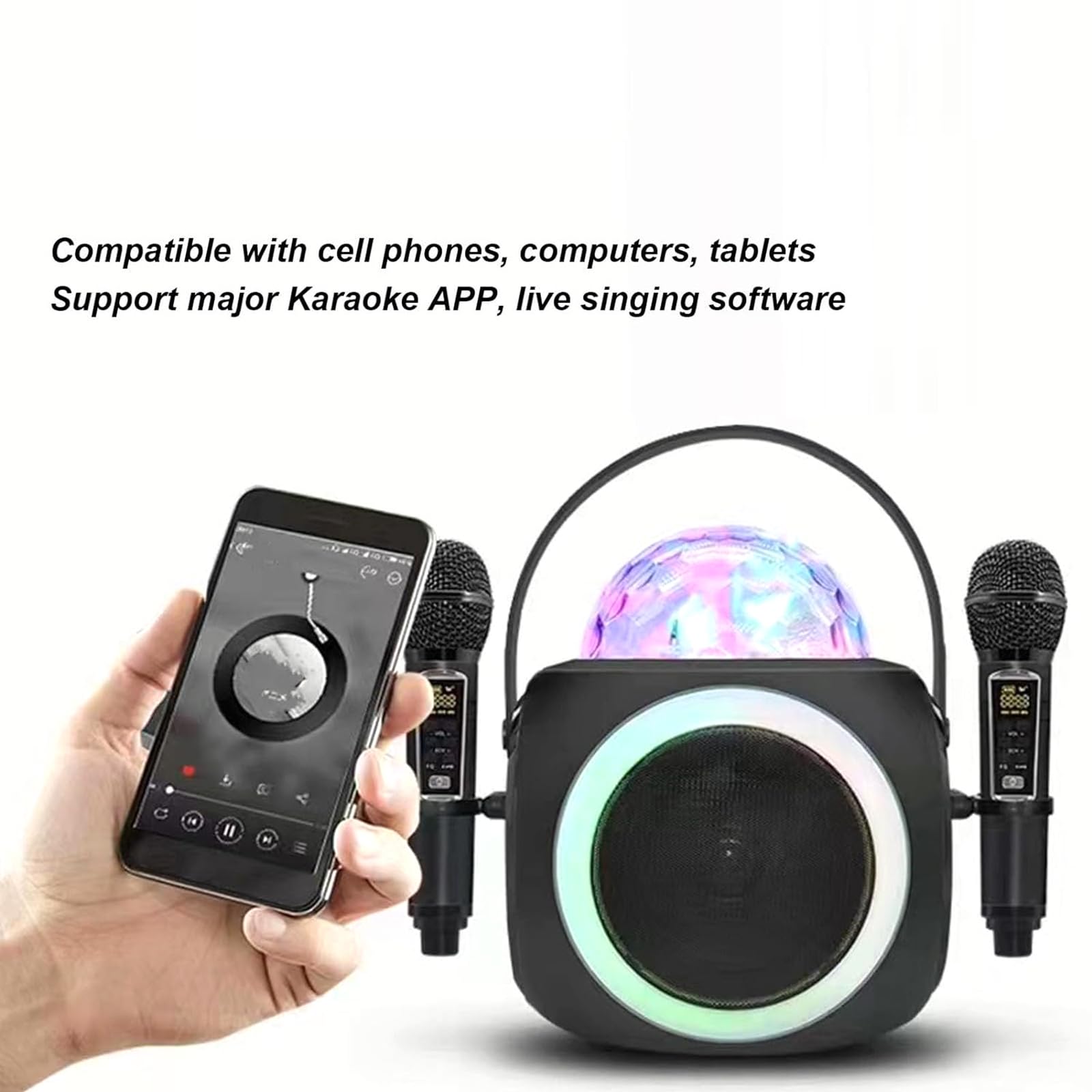 Przenośny głośnik do karaoke Bluetooth, sprzęt do karaoke ze światłami dyskotekowymi i 2 mikrofonami bezprzewodowymi, 3 rodzaje regulacji światła LED (Black)