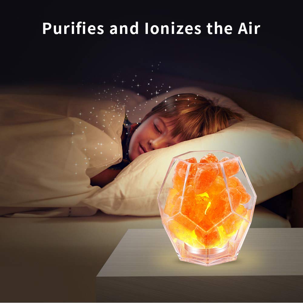 Lámpara de Sal del Himalaya, Dormitorio Lámpara de cabecera Lámpara de Mesa cálida/Conector USB Luz de Noche con Cristales de Sal Marina/con regulador de Intensidad y purificador de Aire