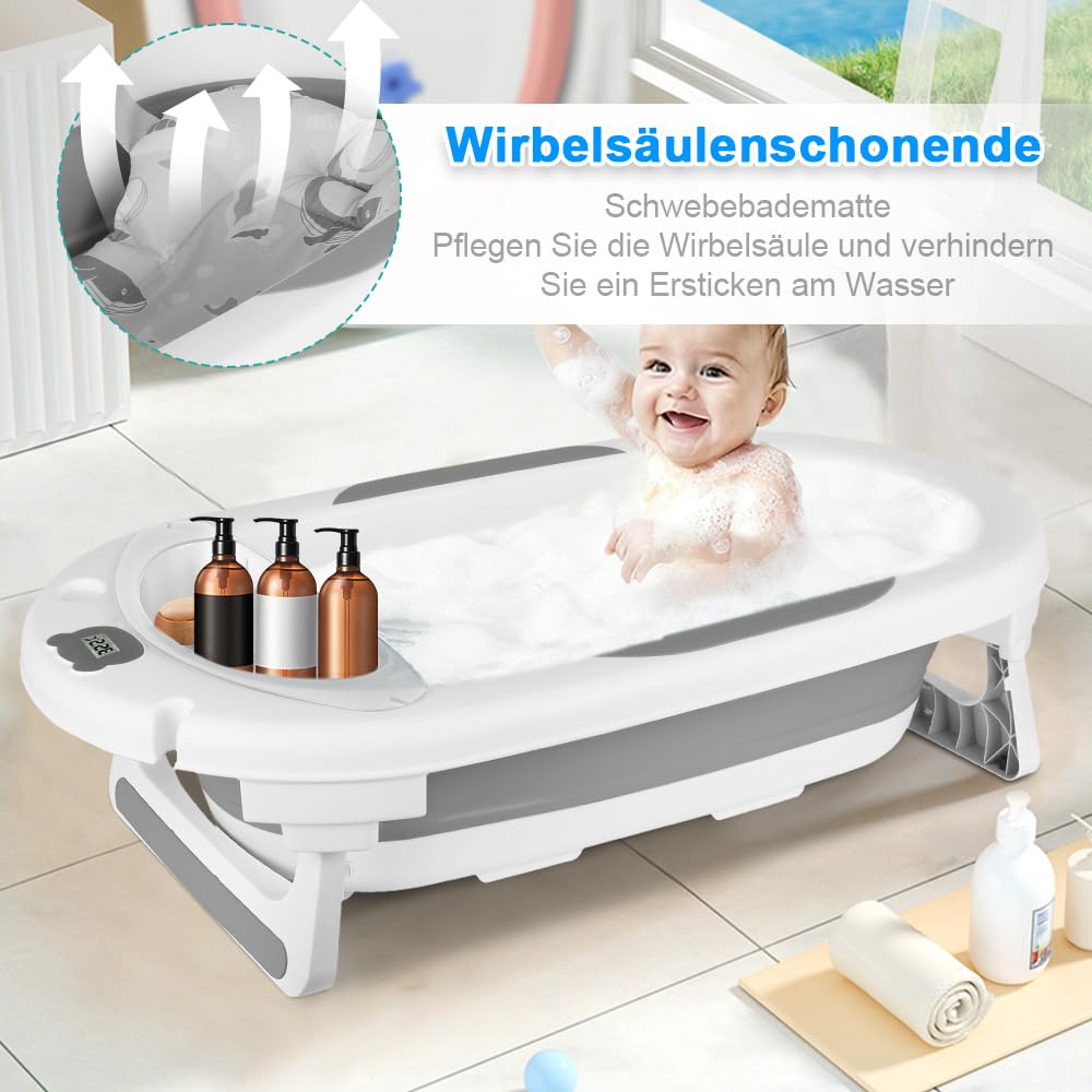 OHMG Bañera para Bebé, Bañera plegable con cojín, baño ergonómico para bebés con termómetro integrado para recién nacidos de 0 a 36 meses, ergonómica y poco espacio
