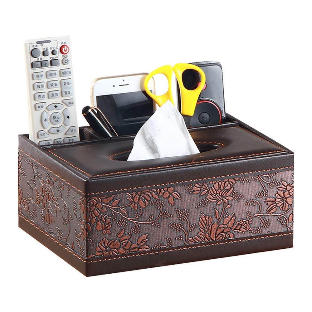 XBR Feuchttücher-Box, Tissue Box Bover, Multifunktions-Tissue-Box Fernbedienung Stift Desktop-Aufbewahrung Papierhandtuchhalter Leder geprägte Kosmetikbox 23,5 x 16 x 9,5 cm quadratisch braun
