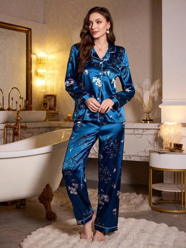 Image of Night Suit for Women with Full Sleeve Button-Down Top with Pant Dress for Woman, Cotton Night Dress for Woman, Two-Piece Loungewear Set