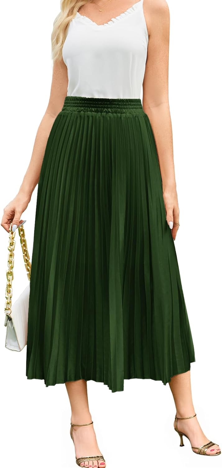 Flygo Pleated Skirts for Women Elastic High Waist A-Line Midi Skirt Casual Flowy Swing Pleated Skirt(Green-L) - Image 2