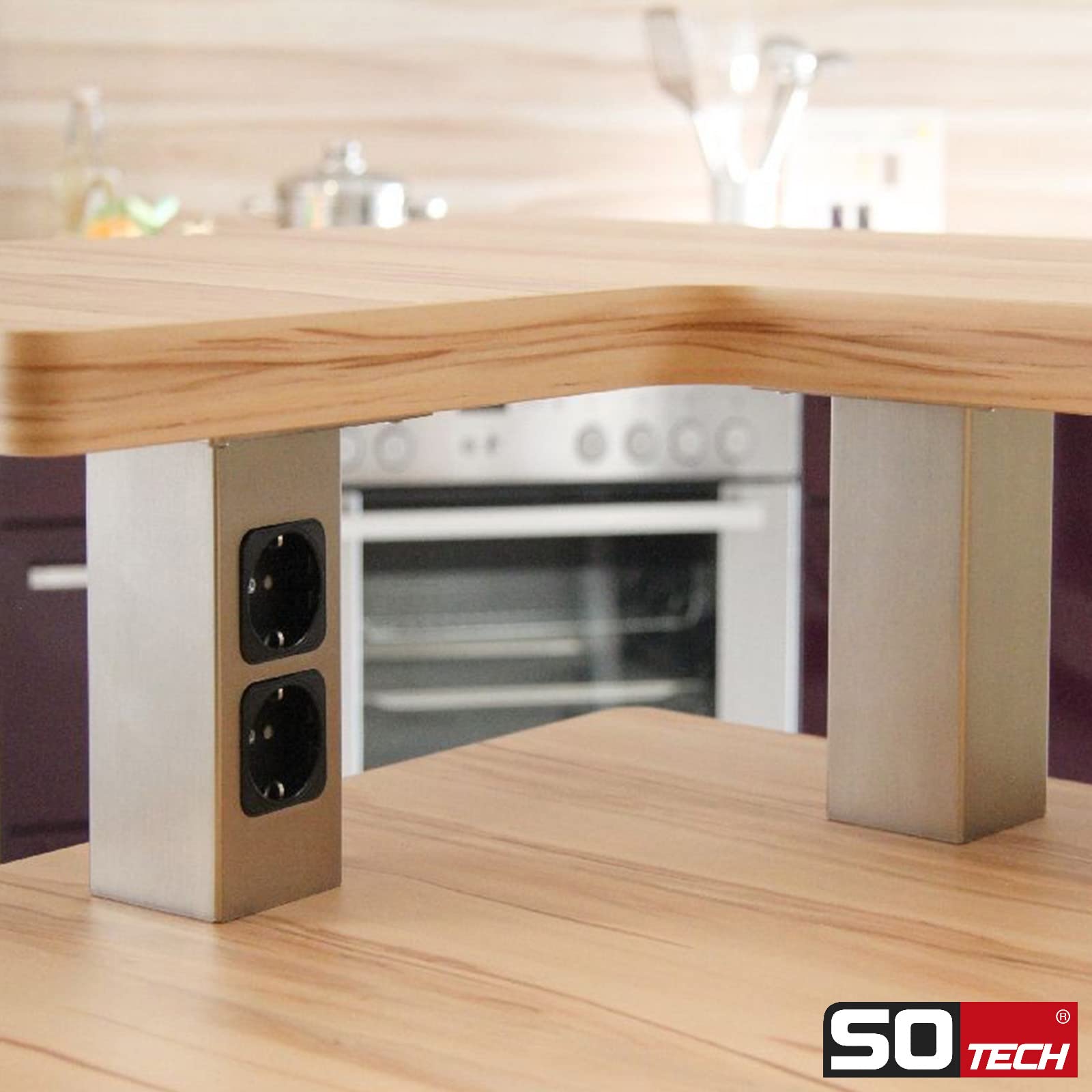 SOTECH Barkonsole gerade mit Steckdosen (70 x 70 mm, Höhe 170 mm, 30 Kg Tragkraft, Edelstahloptik) Konsole für Holzplatten oder Glasplatten