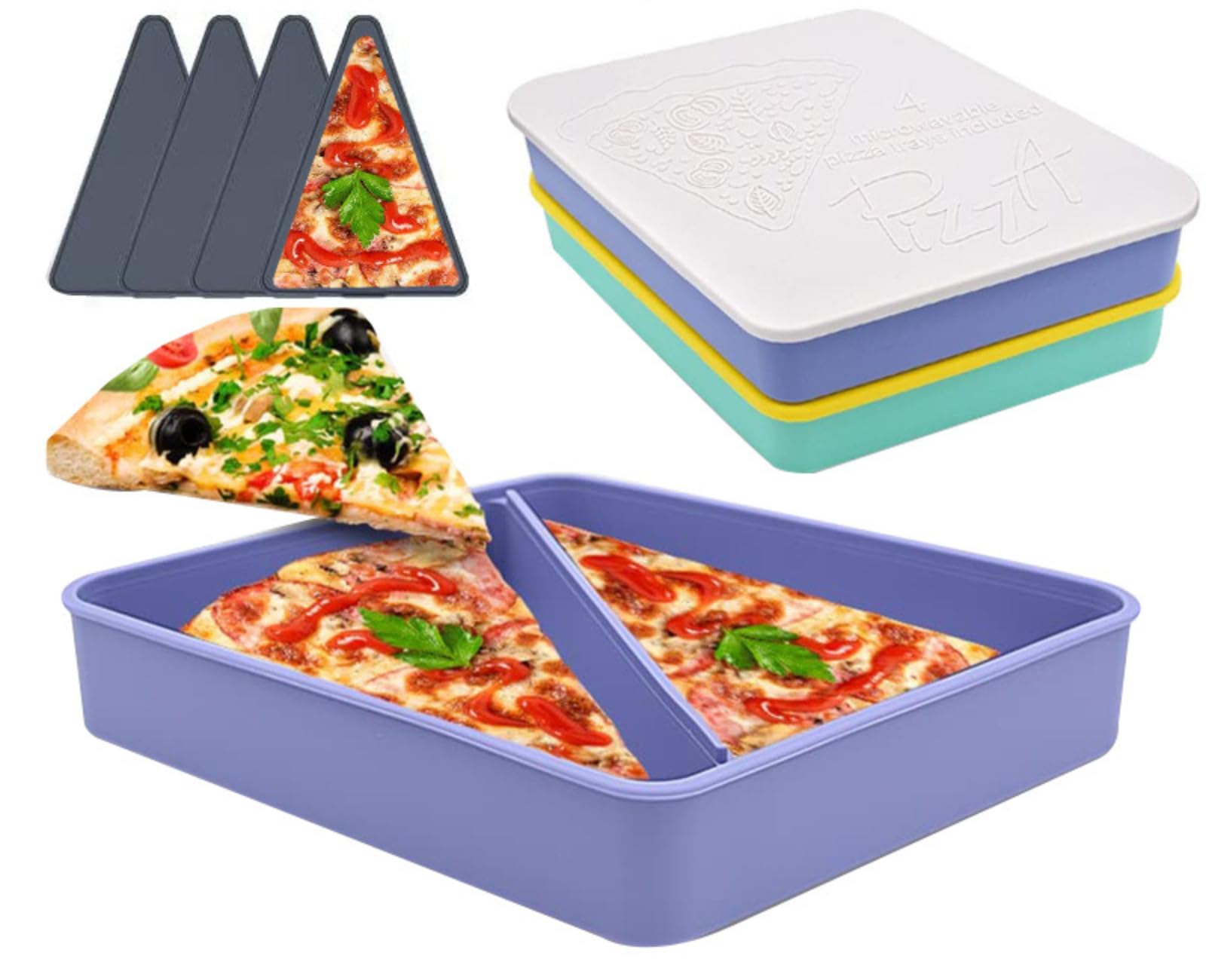 Caja de almacenamiento triangular de silicona para pizza, embalaje de pizza y caja de almacenamiento, tapa con cuatro bandejas