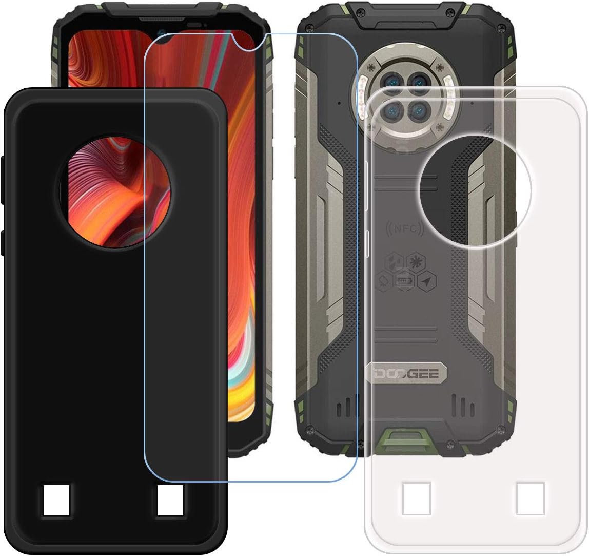 FZZ Case for Doogee S96 Pro + Tempered Glass Screen Protector Protective Film,Slim Transparent + Black Soft Gel TPU Silicone Protection Phone Case Cover for Doogee S96 Pro (6.22")