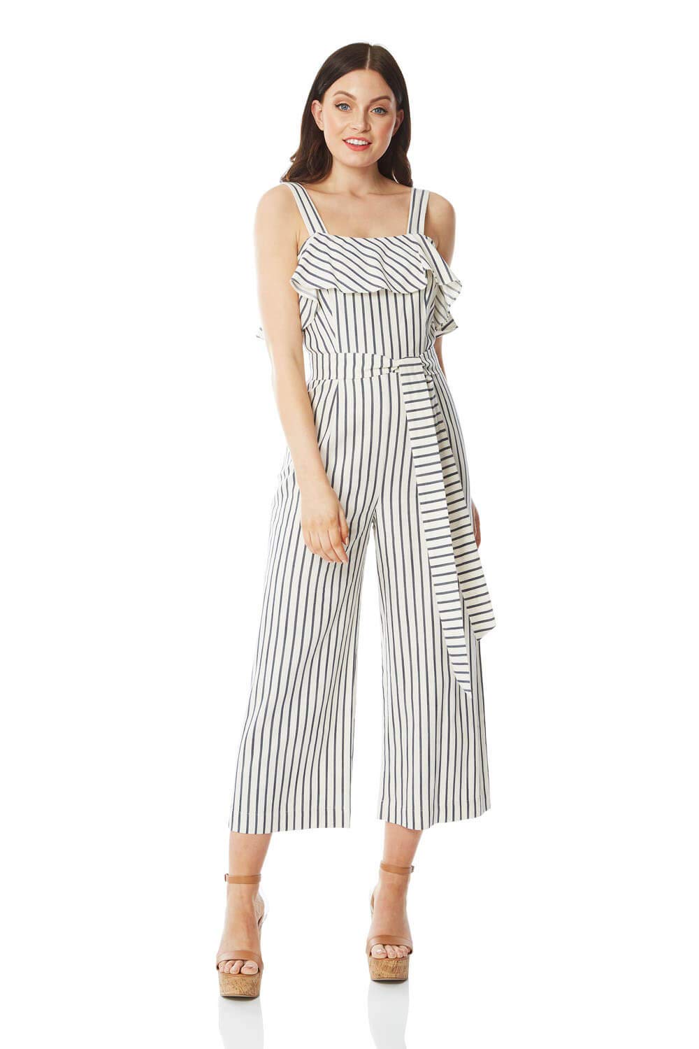 Women Stripe Frill Cotton Jumpsuit - Ladies Summer Holiday Travel Smart Casual Evening Daywear Everyday Party Going Out Evening Short Leg All in One Jumpsuit