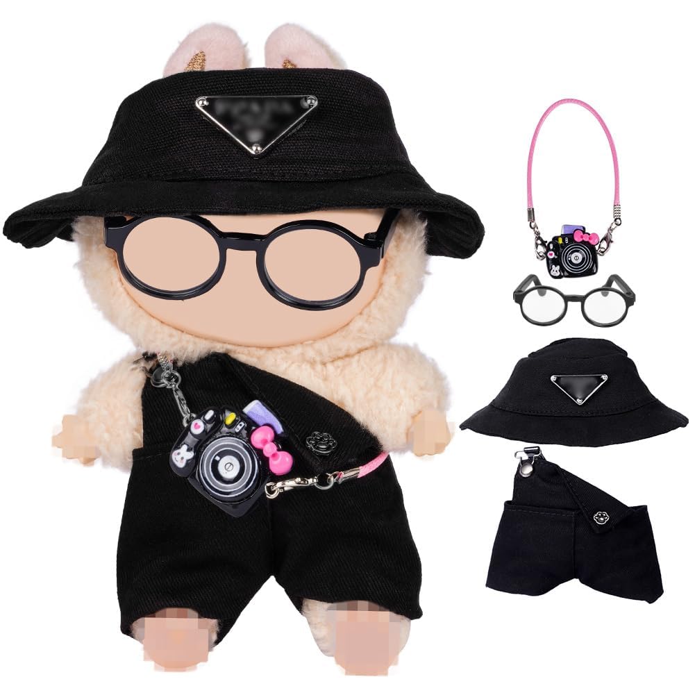 Vicloon 4 Pcs Doll Clothes For 17cm Plush Dolls, Clothes & Accessories for Plush Dolls, Include 1 Hat 1 Overalls 1 Glasses 1 Camera, Birthday Holiday Present for Girls, Black (No Doll)