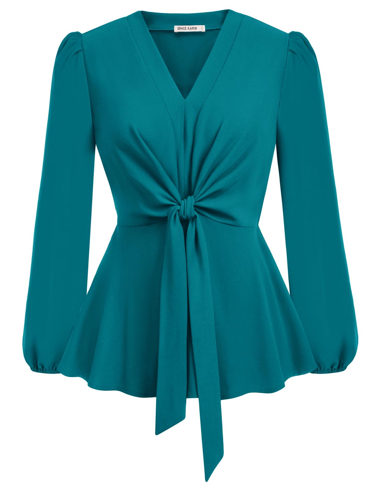 GRACE KARIN Blusa de Manga Larga Acampanada para Mujer, Cuello en V, túnica Elegante, Dobladillo con Volantes, Camisa con Cintura elástica