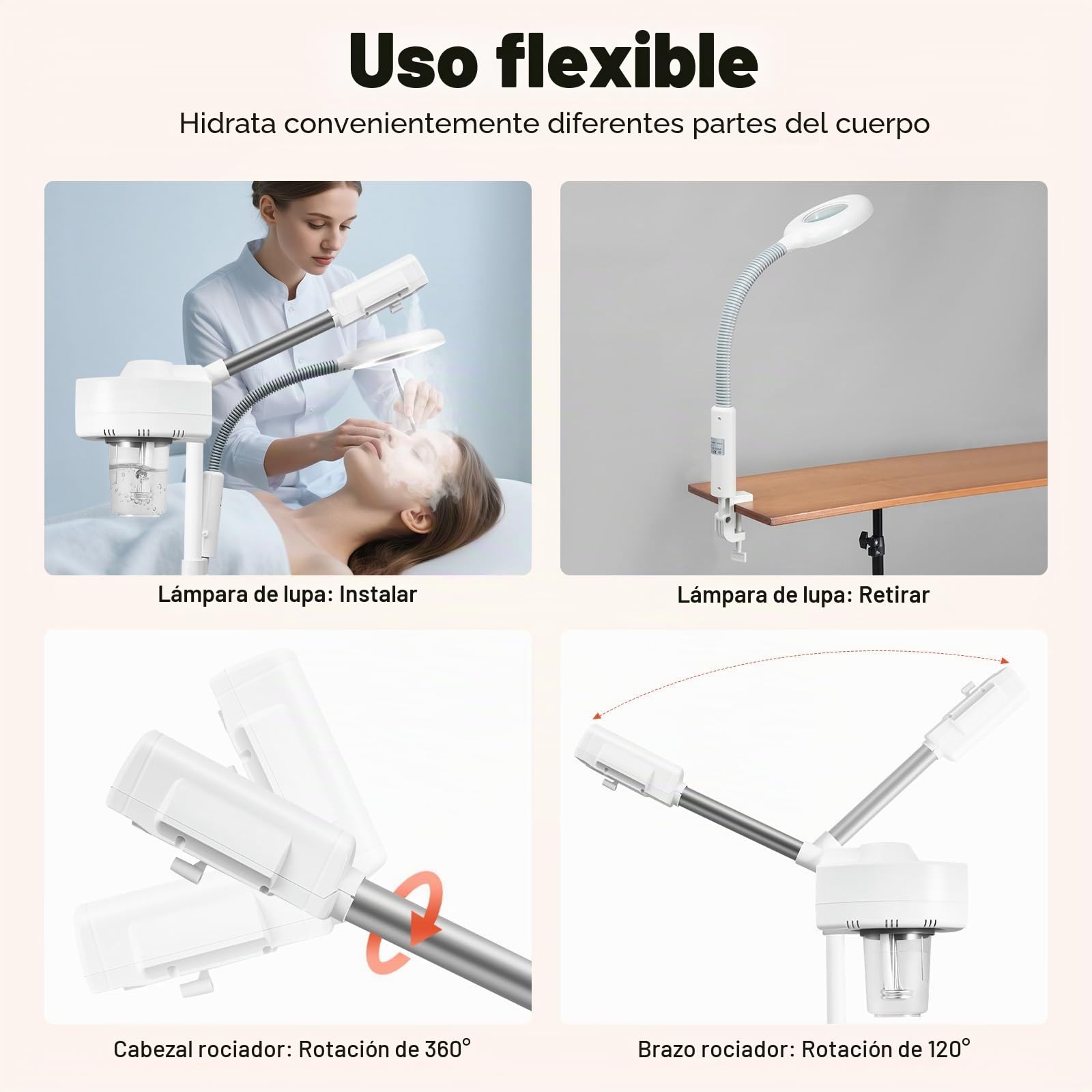 750 W Vapozone Vapor Facial 2 en 1 Vapor Cara con Luz LED Estética Profesional Ajustable en Altura Boquilla Giratoria 360 ° Adecuado para Salón de Belleza y Casa