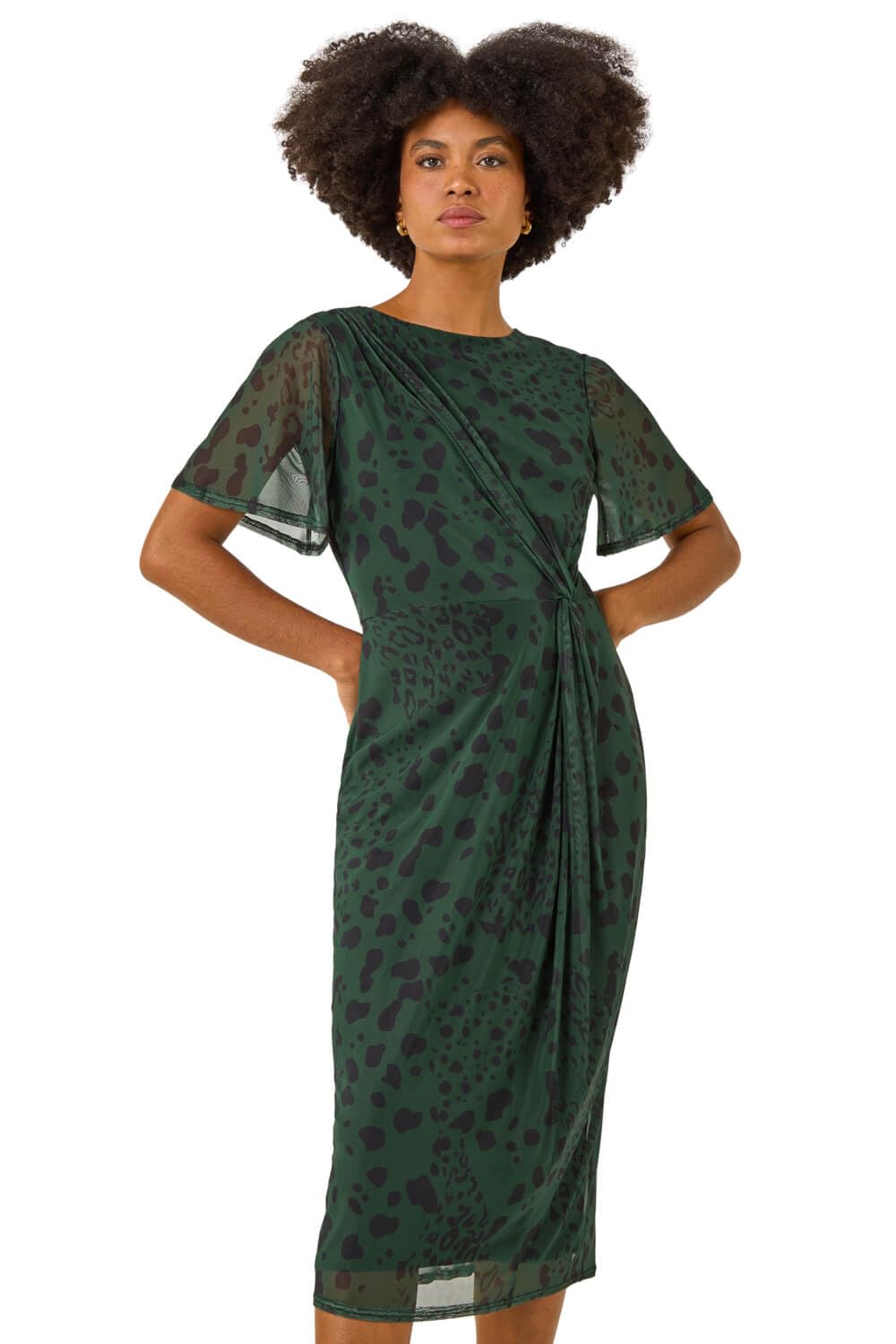 Roman Women's Khaki Animal Print Twist Front Stretch Dress