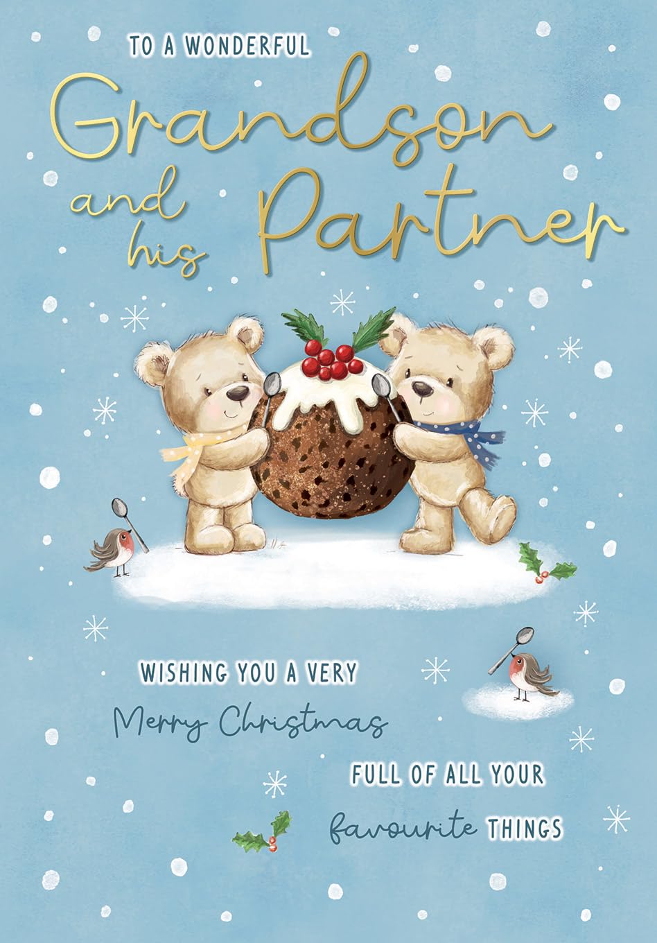 Christmas Card Wonderful Grandson & Partner Pudding - 9 x 6 inches - Piccadilly Greetings