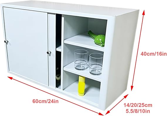 Stainless Steel Storage Cabinet, White Sliding Door Wall Cabinet with Removable Shelf for Kitchen Bathroom Laundry Room(60x40x14cm/24x16x5.5in)
