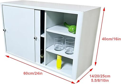 Stainless Steel Storage Cabinet, White Sliding Door Wall Cabinet with Removable Shelf for Kitchen Bathroom Laundry Room(60x40x14cm/24x16x5.5in)