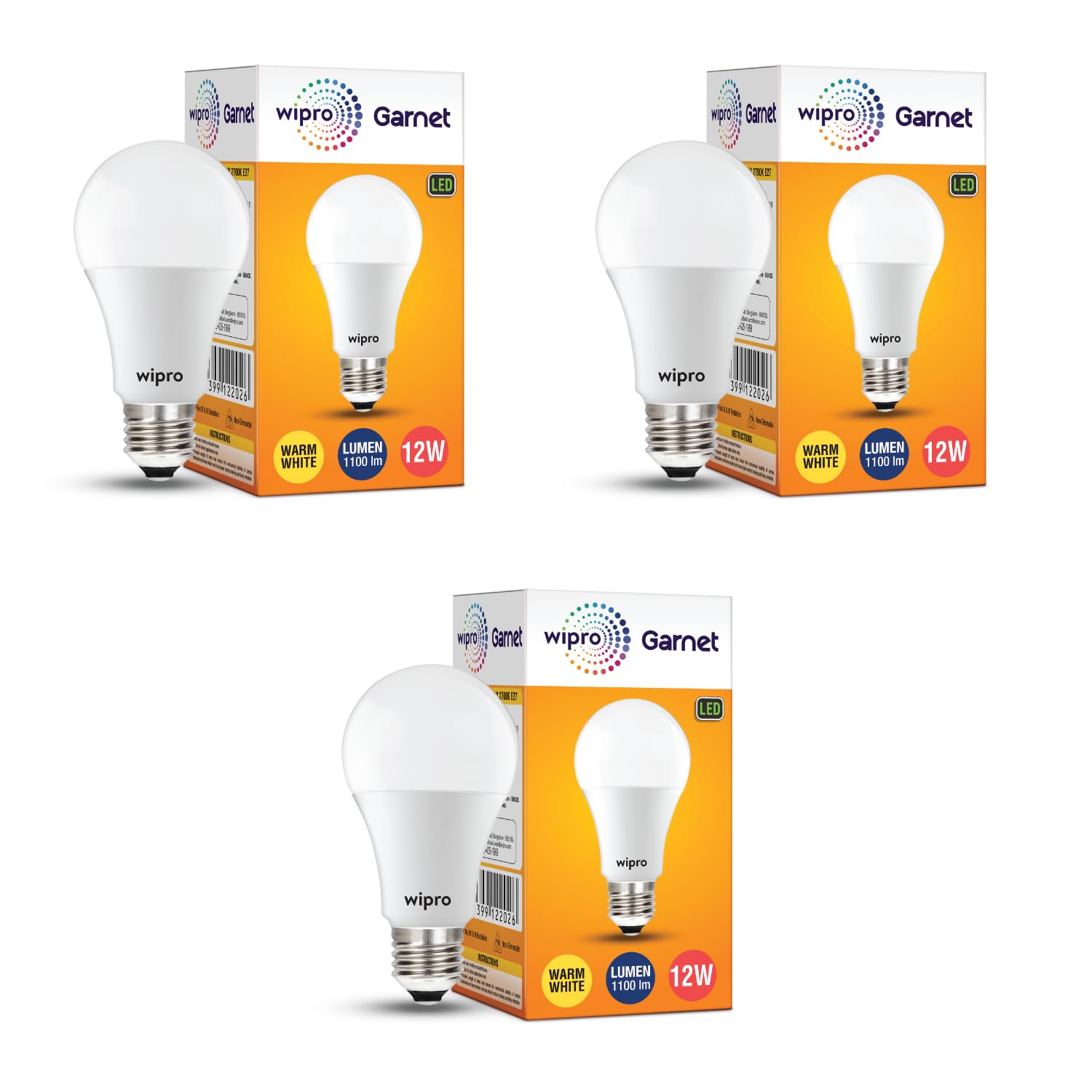 wipro Garnet 12W LED Bulb for Home & Office |Warm White (2700K) | E27 Base|220 degree Light coverage |4Kv Surge Protection |400V High Voltage Protection |Energy Efficient | Pack of 3